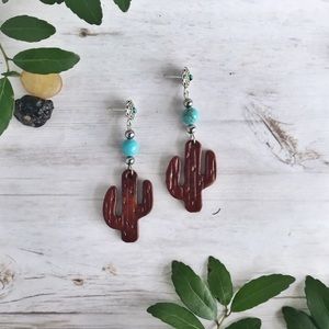 Handcrafted Leather Cactus and Turquoise Earrings